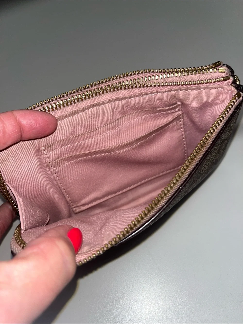 Coach Brown Signature Canvas Wristlet with Pink Trim